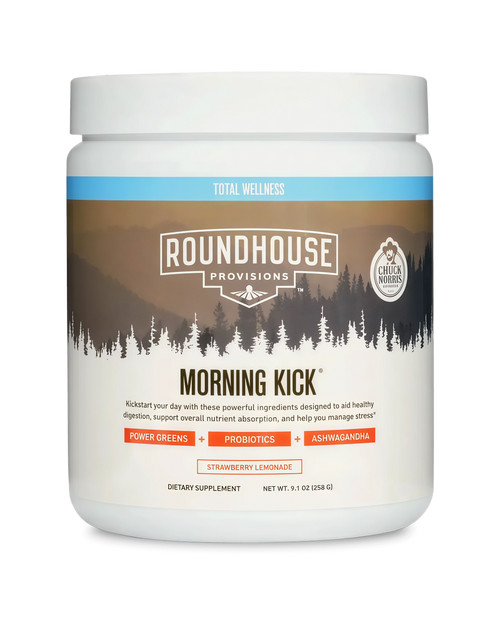 ROUNDHOUSE PROVISION Morning Kick Greens, Strawberry Lemonade, 30 Servings | Greens Superfood Powder for Gut Health, Sugar Free, Caffeine Free, Ashwagandha, Collagen Peptides, Probiotics, Chuck Norris