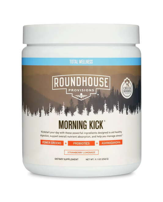 ROUNDHOUSE PROVISION Morning Kick Greens, Strawberry Lemonade, 30 Servings | Greens Superfood Powder for Gut Health, Sugar Free, Caffeine Free, Ashwagandha, Collagen Peptides, Probiotics, Chuck Norris