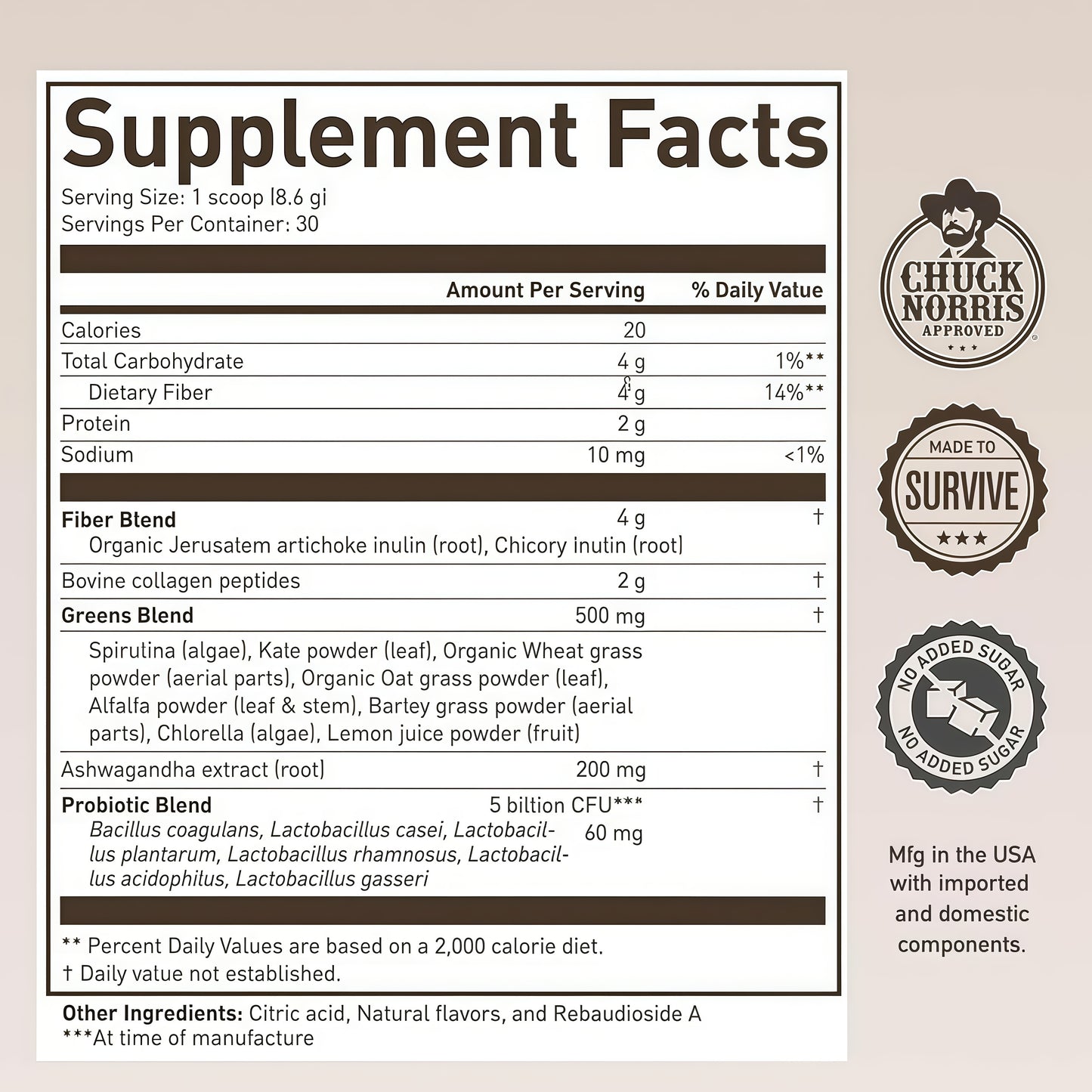 ROUNDHOUSE PROVISION Morning Kick Greens, Strawberry Lemonade, 30 Servings | Greens Superfood Powder for Gut Health, Sugar Free, Caffeine Free, Ashwagandha, Collagen Peptides, Probiotics, Chuck Norris