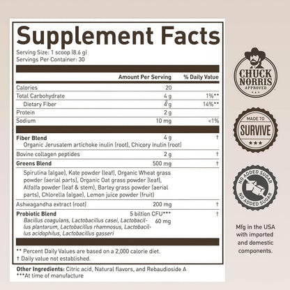 ROUNDHOUSE PROVISION Morning Kick Greens, Strawberry Lemonade, 30 Servings | Greens Superfood Powder for Gut Health, Sugar Free, Caffeine Free, Ashwagandha, Collagen Peptides, Probiotics, Chuck Norris
